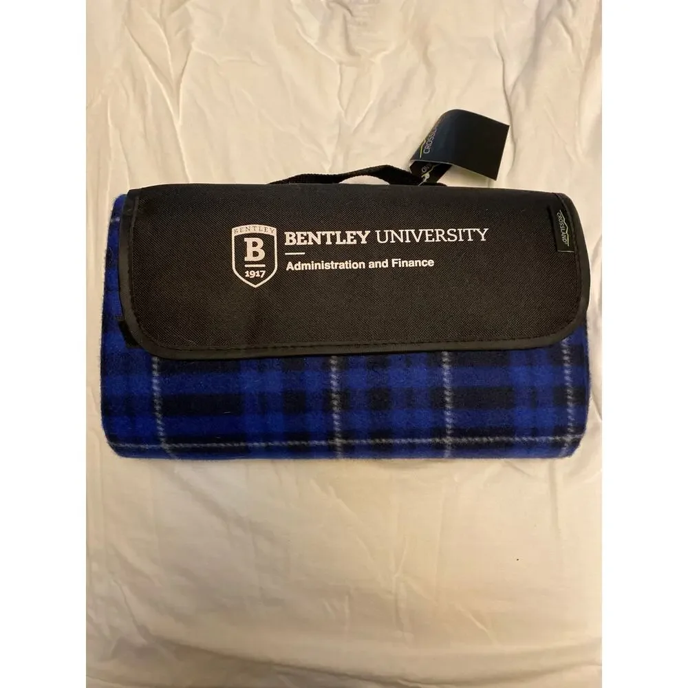 Brand New Crosslands Blue Black Plaid Roll Up Fleece Picnic Blanket